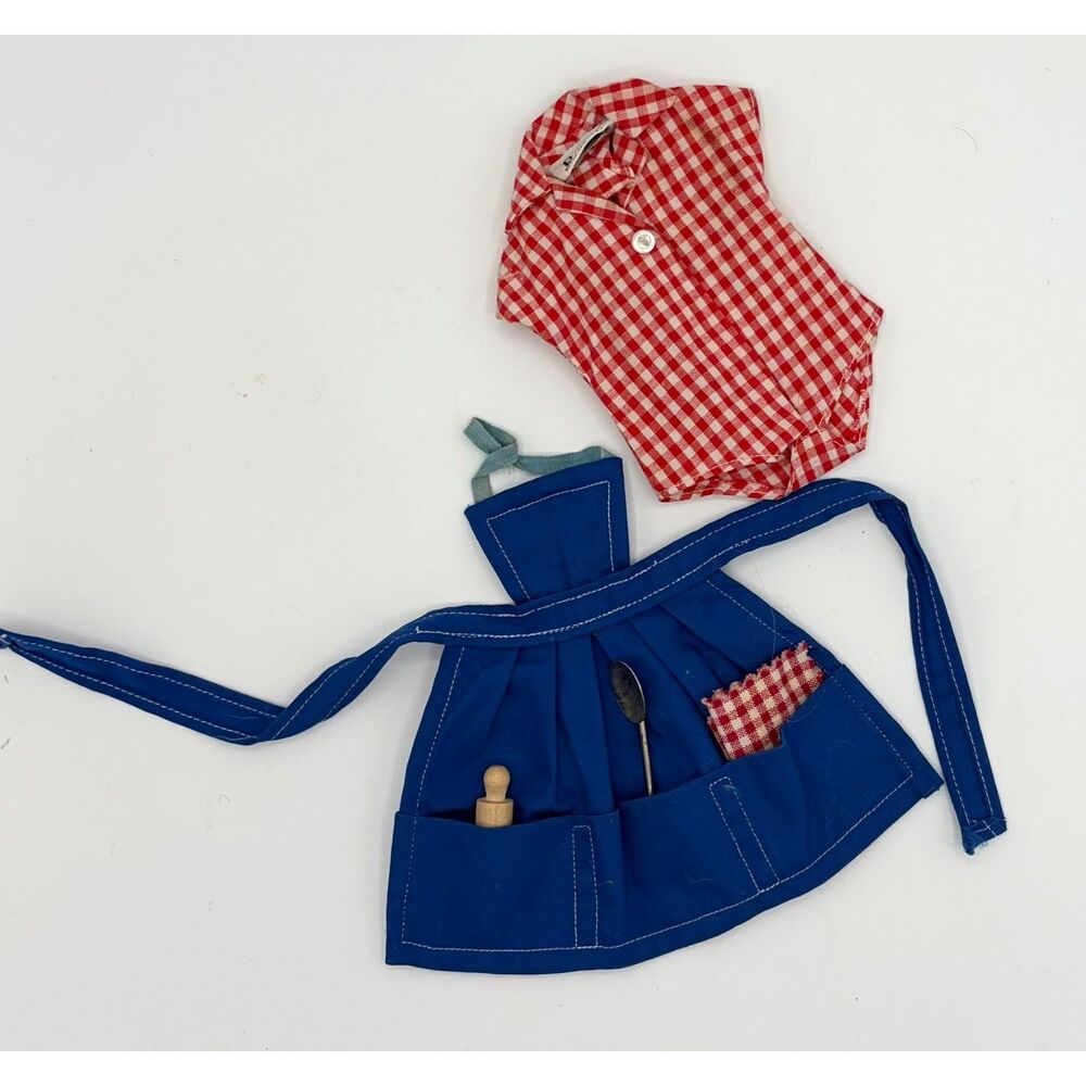 Vintage Barbie Kitchen Apron Red Checkered Blouse Rolling Pin Dish Cloth Spoon